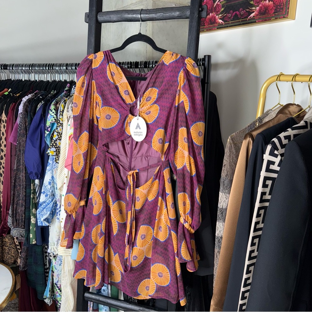 Autumn Adeigbo Amelie Printed Cut-Out Mini Dress Purple Womens 4 New NWT - Picture 6 of 17